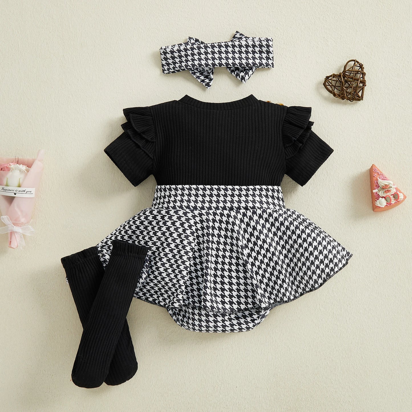 Spädbarn Nyfödd Baby Flicka Våroutfit Hundtandsmönster Kortärmad Ribbad Sparkdräkt Klänning Rosett Pannband och Strumpor 3 Delat Set