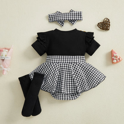 Spädbarn Nyfödd Baby Flicka Våroutfit Hundtandsmönster Kortärmad Ribbad Sparkdräkt Klänning Rosett Pannband och Strumpor 3 Delat Set