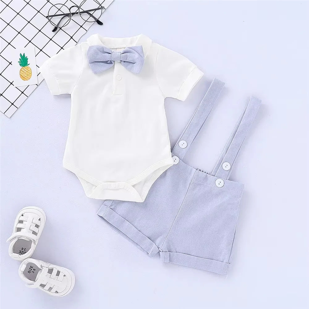 Mini Gentleman Outfit Nyfödd Baby Pojke Formella Dräkter Kortärmad Tröja Med Rosett + Sparkdräkt Korta Byxor Sommarmode 2 Delar Set