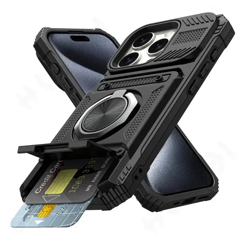 Fodral för iPhone 16 15 14 13 11 Pro Max XS XR 8 7 Plus Magnetiskt roterande ringstativ Robust fallskydd Plånboksfodral