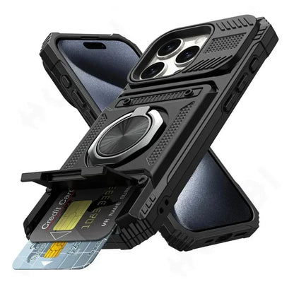 Fodral för iPhone 16 15 14 13 11 Pro Max XS XR 8 7 Plus Magnetiskt roterande ringstativ Robust fallskydd Plånboksfodral
