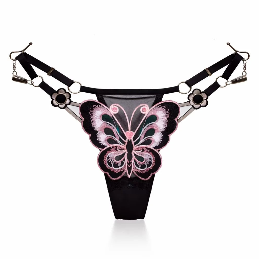 Fjärilsspetsstringtrosor för kvinnor Låg midja G-stringtrosor Transparenta meshtrosor Sexiga broderade trosor Justerbar midja Culotte Femm
