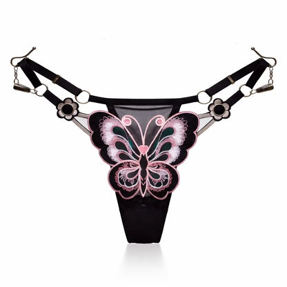 Fjärilsspetsstringtrosor för kvinnor Låg midja G-stringtrosor Transparenta meshtrosor Sexiga broderade trosor Justerbar midja Culotte Femm