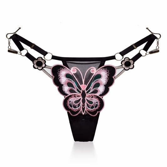 Fjärilsspetsstringtrosor för kvinnor Låg midja G-stringtrosor Transparenta meshtrosor Sexiga broderade trosor Justerbar midja Culotte Femm