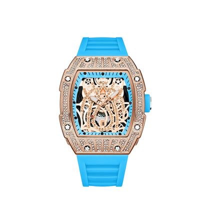 Mode Tonneau Hollow Full Diamond Gravyrhuvud Quartz Klocka Herr Lyxig Lysande Vattentät Datum Klockor Herr Stål Herrklocka