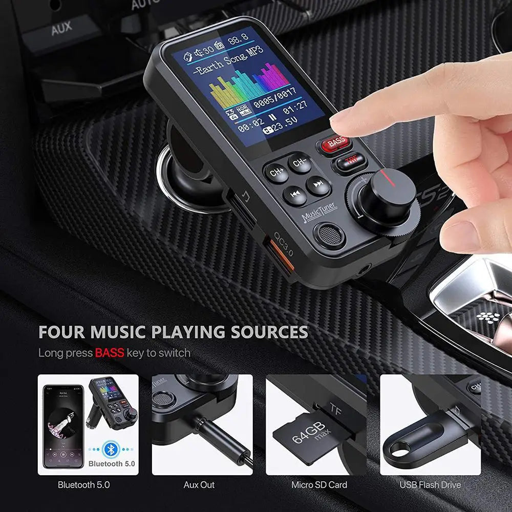Bluetooth-kompatibel trådlös FM-sändare för bilradio, adapter, snabbladdning, diskant, bas, musik, MP3-spelare för bil, Aux, QC3.0