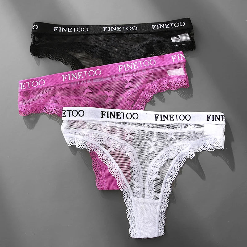 3 ST FINETOO Thong För Damer Spetstrosor Sexiga Damthong Låg Midja Underkläder Enfärgade Komfort Kvinnliga Kalsonger Underkläder S-XL