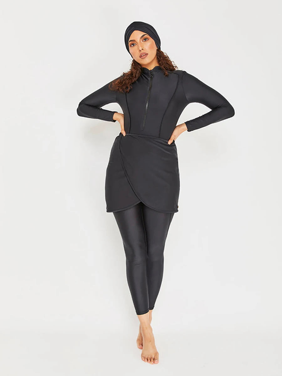 3 st Black Series Modest Burkini Femmes Muslimsk Baddräkt Badkläder Sommarstrand Dam Baddräkt Lotusbladskantdesign
