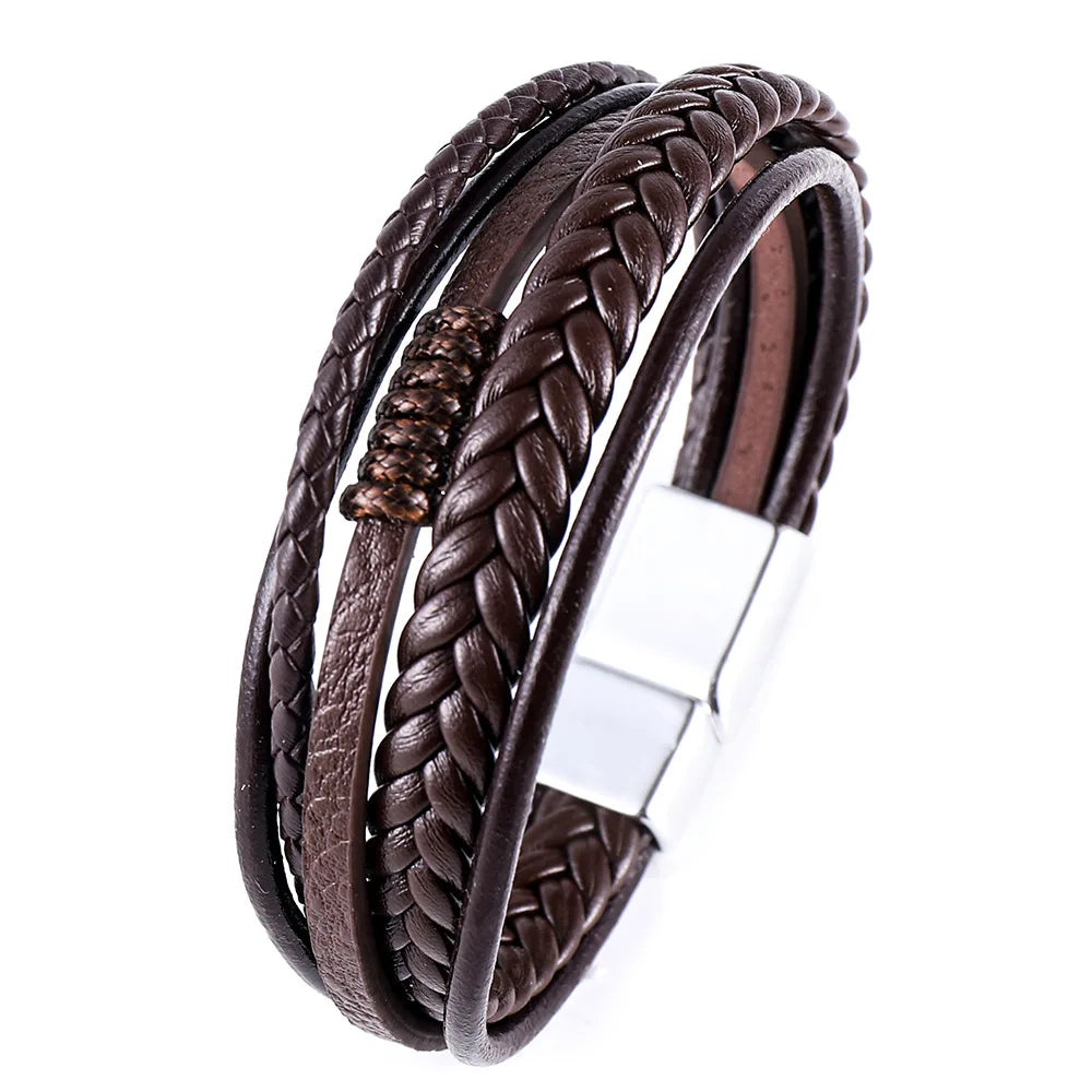 Flerskiktade flätade reparmband för män, klassiskt handgjort PU-läderarmband med magnetiskt spänne, trendiga punksmycken