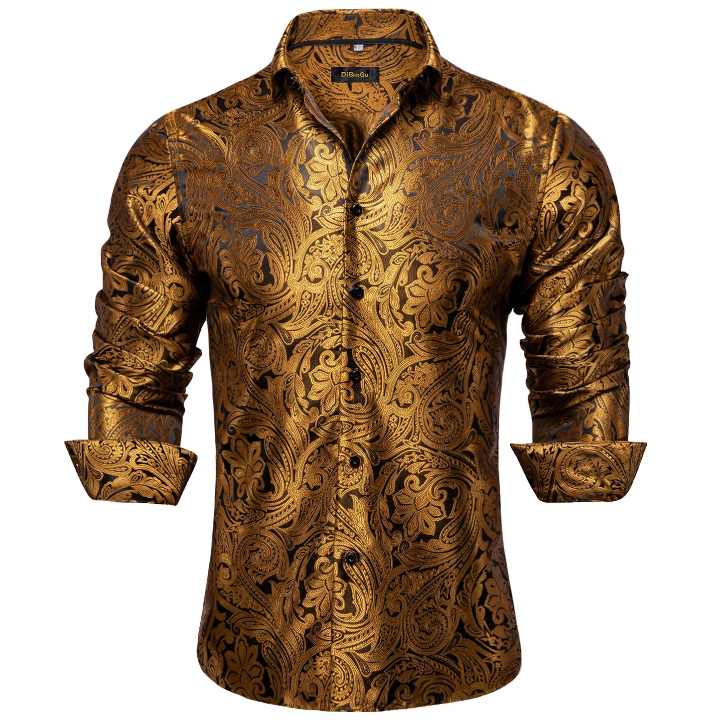 2026 Lyxig Herrskjorta Formell Bal Smoking Långärmad Siden Polyester Gyllene Färg Paisley Svarta Skjortor Blus Herrkläder