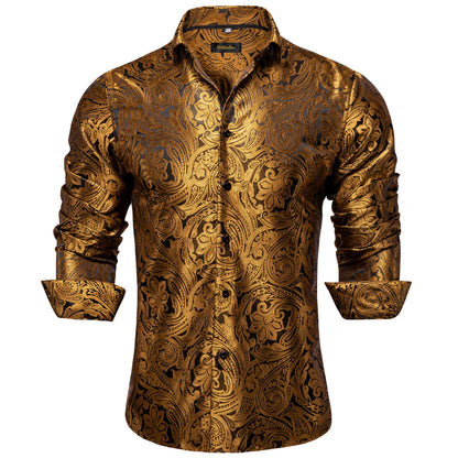 2026 Lyxig Herrskjorta Formell Bal Smoking Långärmad Siden Polyester Gyllene Färg Paisley Svarta Skjortor Blus Herrkläder