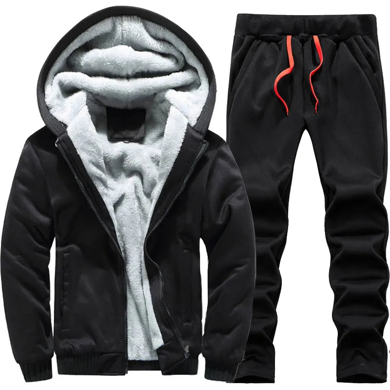 Herrvinterjackor Tjock Varm Jacka Märkes Sportkläder Kappa Byxor Enfärgad Fleece Dragkedja Huva Långärmad Herr Ytterkläder