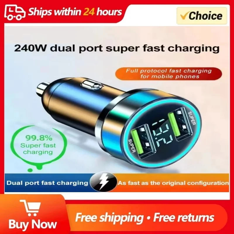 240W Billaddare Snabbladdning 2 USB-portar Adapter för iPhone Samsung Xiaomi Snabbladdningsladdare med Digital Display