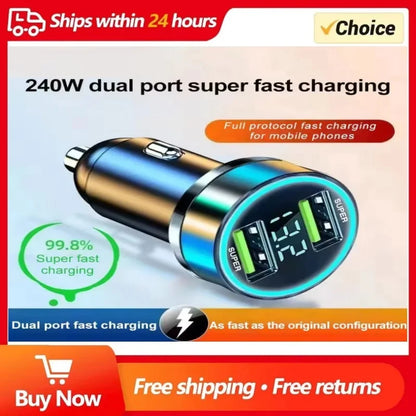 240W Billaddare Snabbladdning 2 USB-portar Adapter för iPhone Samsung Xiaomi Snabbladdningsladdare med Digital Display