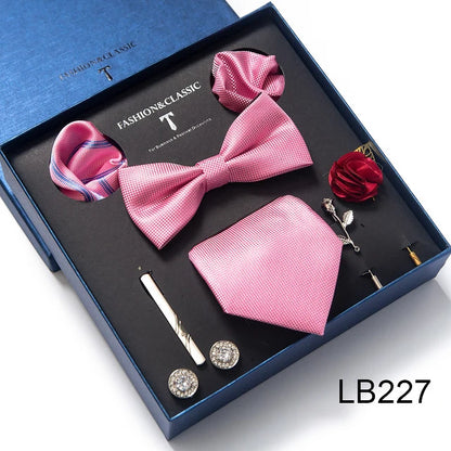 Helt nyaste designen av sidenslipsset, näsduk, näsduksdukar, manschettknappar, flugklämma, slipsset, affärsbröllop, kostym, presentask