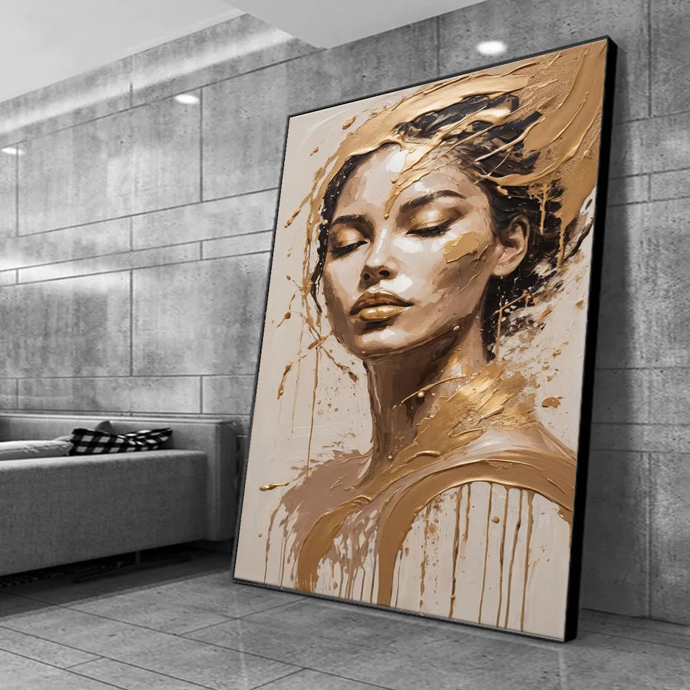 Guldfolie Mode Kvinna Porträtt Poster Tryck För Vardagsrumsinredning Asbtract Figur Blommig Kvinna Canvastavla Modern Väggkonst