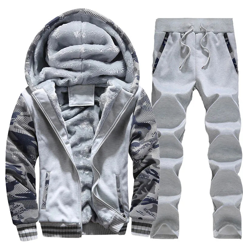 Herrvinterjackor Tjock Varm Jacka Märkes Sportkläder Kappa Byxor Enfärgad Fleece Dragkedja Huva Långärmad Herr Ytterkläder