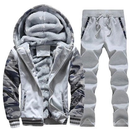 Herrvinterjackor Tjock Varm Jacka Märkes Sportkläder Kappa Byxor Enfärgad Fleece Dragkedja Huva Långärmad Herr Ytterkläder