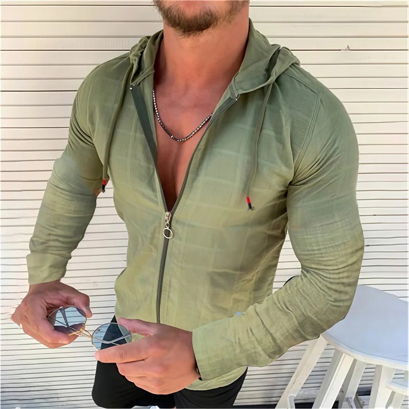 5 färger tillgängliga för herrskjorta med huva, dragkedja, rutig prickig långärmad, slim fit, andningsbara, moderna, avslappnade herrtoppar