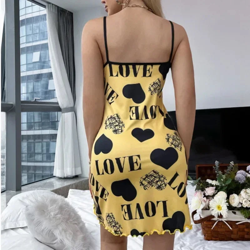 Sexig Spaghetti Strap V-ringad Nattlinne Dam Nattlinne Sommar Lös Bomull Nattlinne Kvinnlig Söt Tryck Sovklänning Lätt Sovplagg