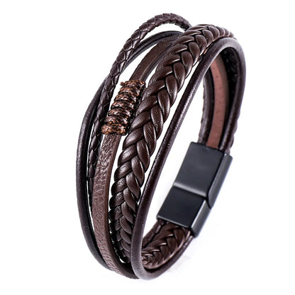 Flerskiktade flätade reparmband för män, klassiskt handgjort PU-läderarmband med magnetiskt spänne, trendiga punksmycken