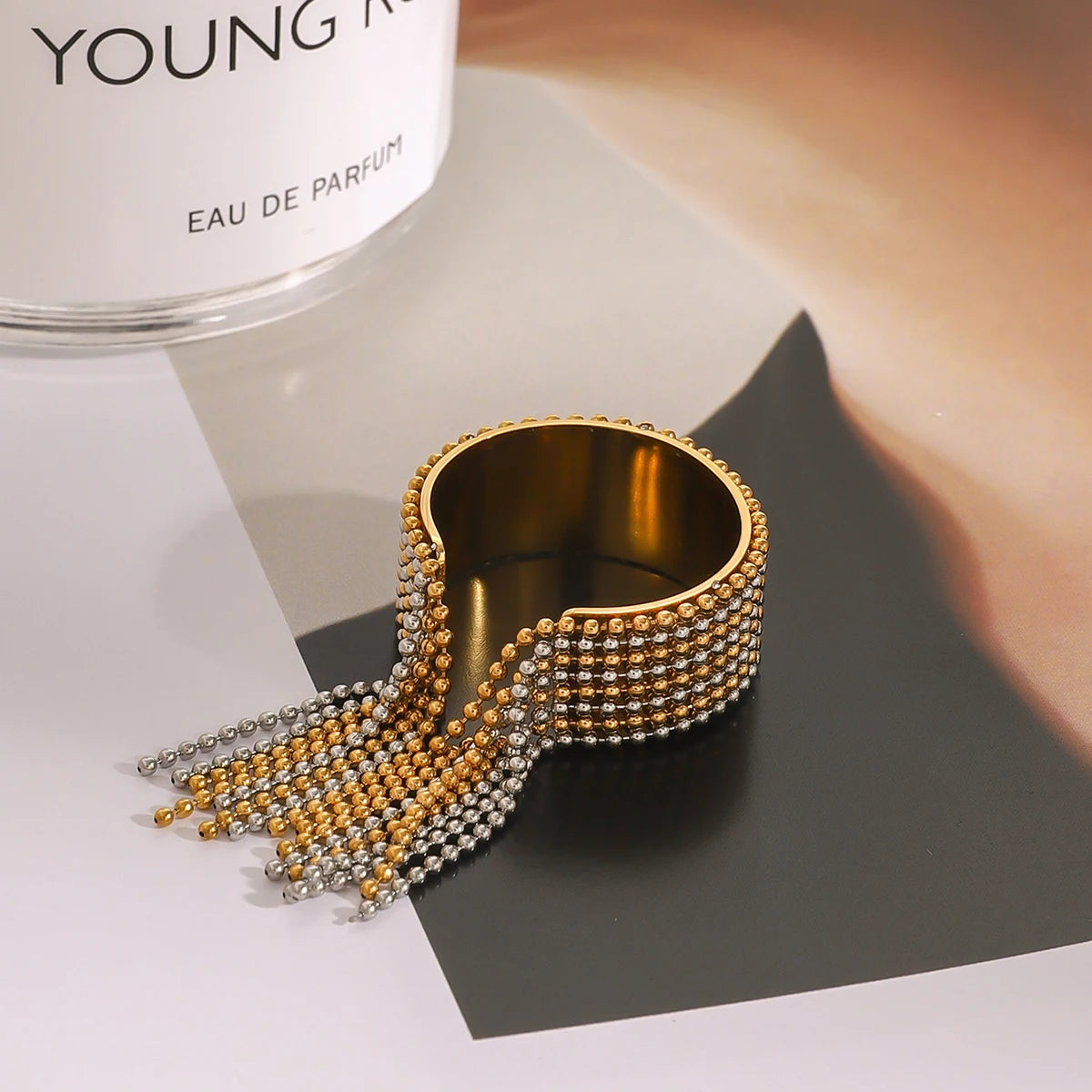 Uworld Fashion Tvåfärgad tofsring Justerbar kedja ring Stapelbar damsmycke Present till henne