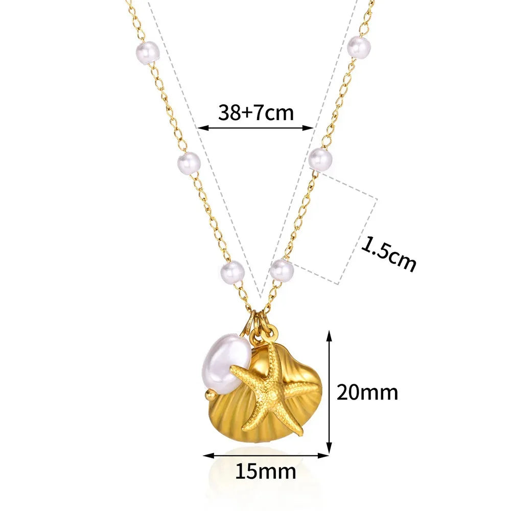 Halsband för kvinnor, 14k guldpläterat rostfritt stål, lager av sjöstjärna, snäckskal, pärlberlock, sommarstrandsmycken