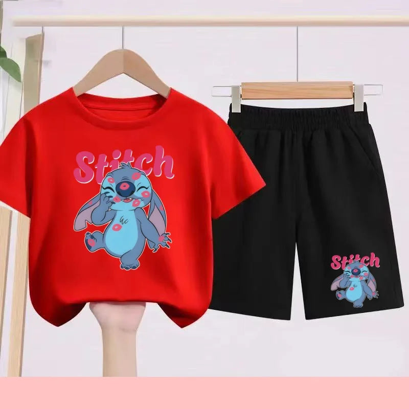 Disney Casual Children's Fashion Set T-shirt+ Shorts 2 Piece Stitch  Print  Boys Girls 3-12 Years Sports Coat Trend Party Sets