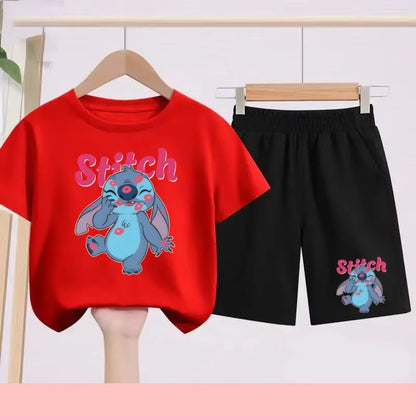 Disney Casual Children's Fashion Set T-shirt+ Shorts 2 Piece Stitch  Print  Boys Girls 3-12 Years Sports Coat Trend Party Sets