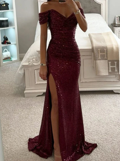 Paljett Långa Klänningar Dam Sexig Off Shoulder Aftonklänning Dam Elegant Mode Slash Neck Balklänning Kvinna Hög Split Klänning Vestidos