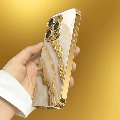 Mobilskal med mönster i guldvit marmor för iPhone 17, 16, 15 Pro, 14, 13, 12, 11, 12 Pro, 13 Pro Max, 14 Plus, 16e och 17 Air – med skydd av härdat glas