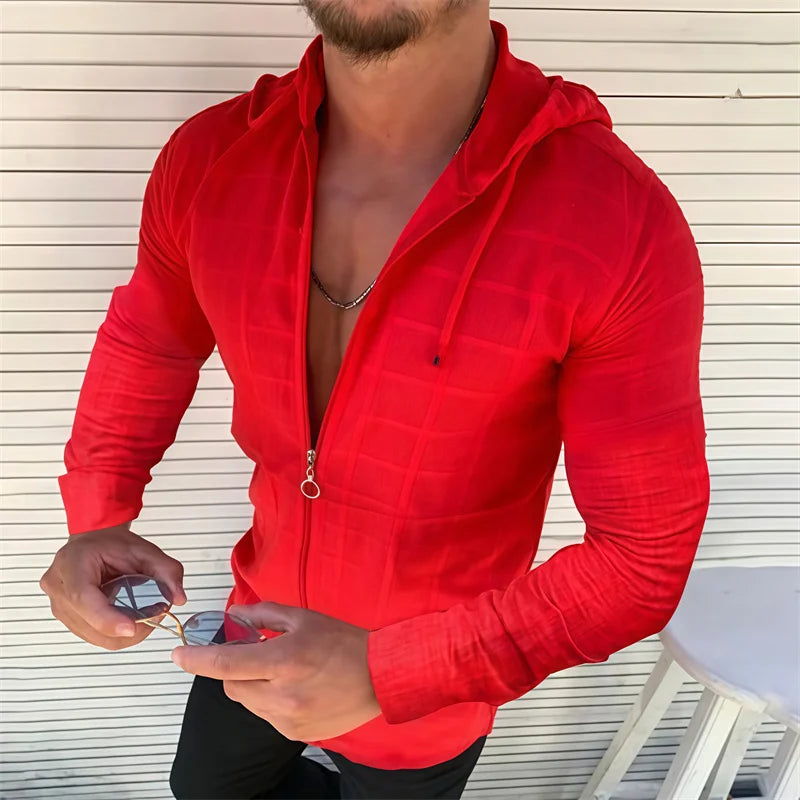 5 färger tillgängliga för herrskjorta med huva, dragkedja, rutig prickig långärmad, slim fit, andningsbara, moderna, avslappnade herrtoppar