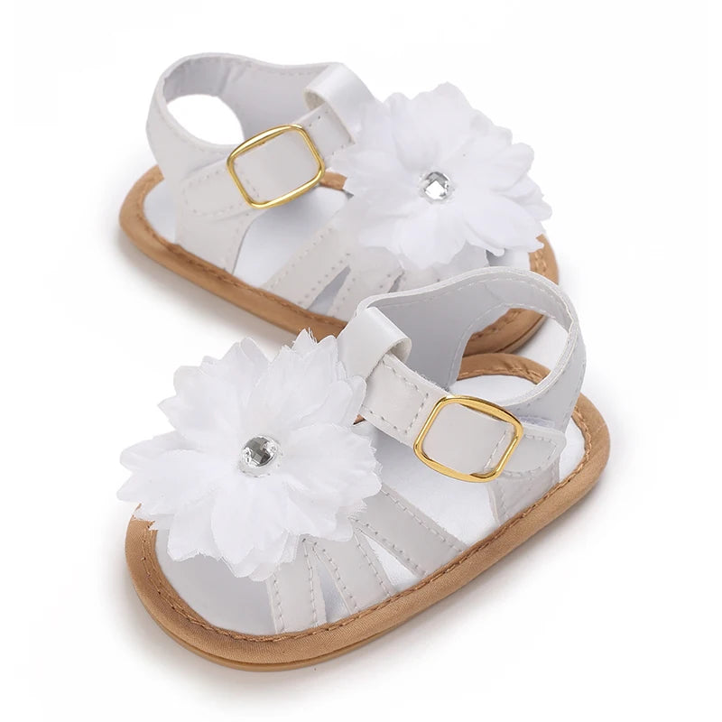 Babysko för lärande, sommarsandaler med blommig strass, mjuka och eleganta skor för spädbarnsflickor 0-18M