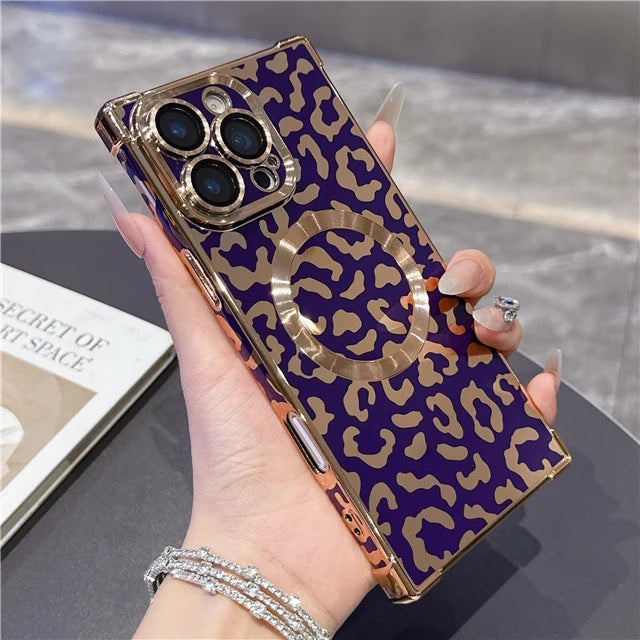 Lyxigt guldskal med leopardmönster och stötskydd för iPhone MagSafe Magnetic 13, 14, 15, 16 Pro Max, Plus, 17 och Air – skyddsfodral