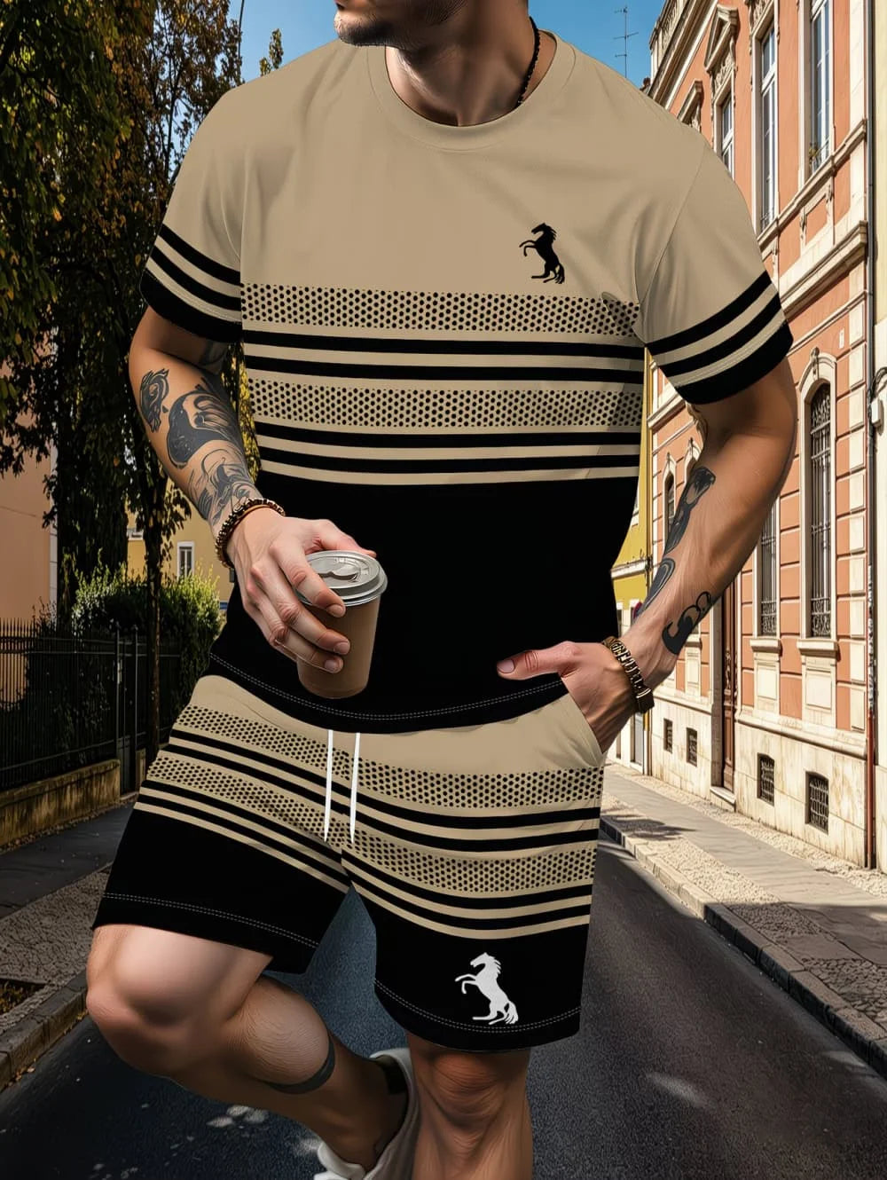 Avslappnad randig mönstrad t-shirt shorts set stor storlek lös herr kortärmad t-shirt med elastisk midja shorts 2-delat set sportkläder