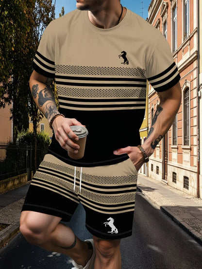 Avslappnad randig mönstrad t-shirt shorts set stor storlek lös herr kortärmad t-shirt med elastisk midja shorts 2-delat set sportkläder