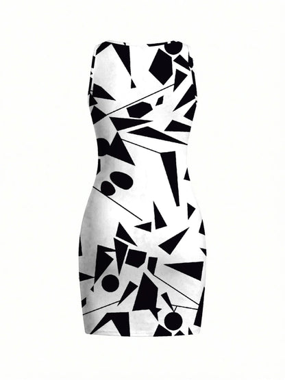Damklänning med geometriskt mönster, ärmlös minikjol, rund hals, sommar, casual, elegant, bekväm, tryckt, mode