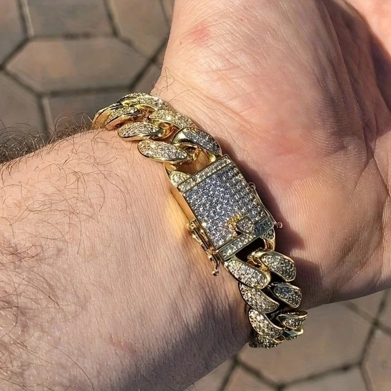 Lyxigt Iced Out kubansk länkkedja armband för män belagda kristaller hiphop-smycken rostfritt stål bling bling armband present
