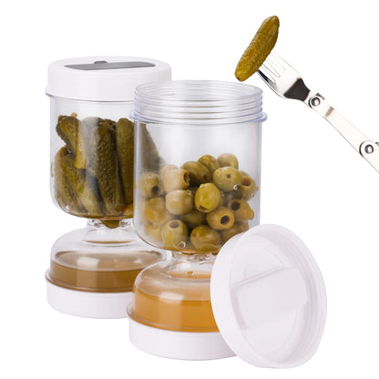 Picklesburk med gafflar, torr och våt dispenser, pickles och oliver, timglasburk, gurkabehållare för kök, juiceseparatorverktyg