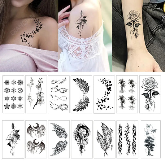 Liten tillfällig tatuering vattentät svart ros fjäril pil blomma vingar maori orm kvinnor konst handled hals falsk mini klistermärke