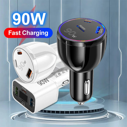 90W USB-billaddare 3-4 portar PD typ C snabbladdningsadapter för iPhone 14 13 Xiaomi Samsung snabbladdare i bilen