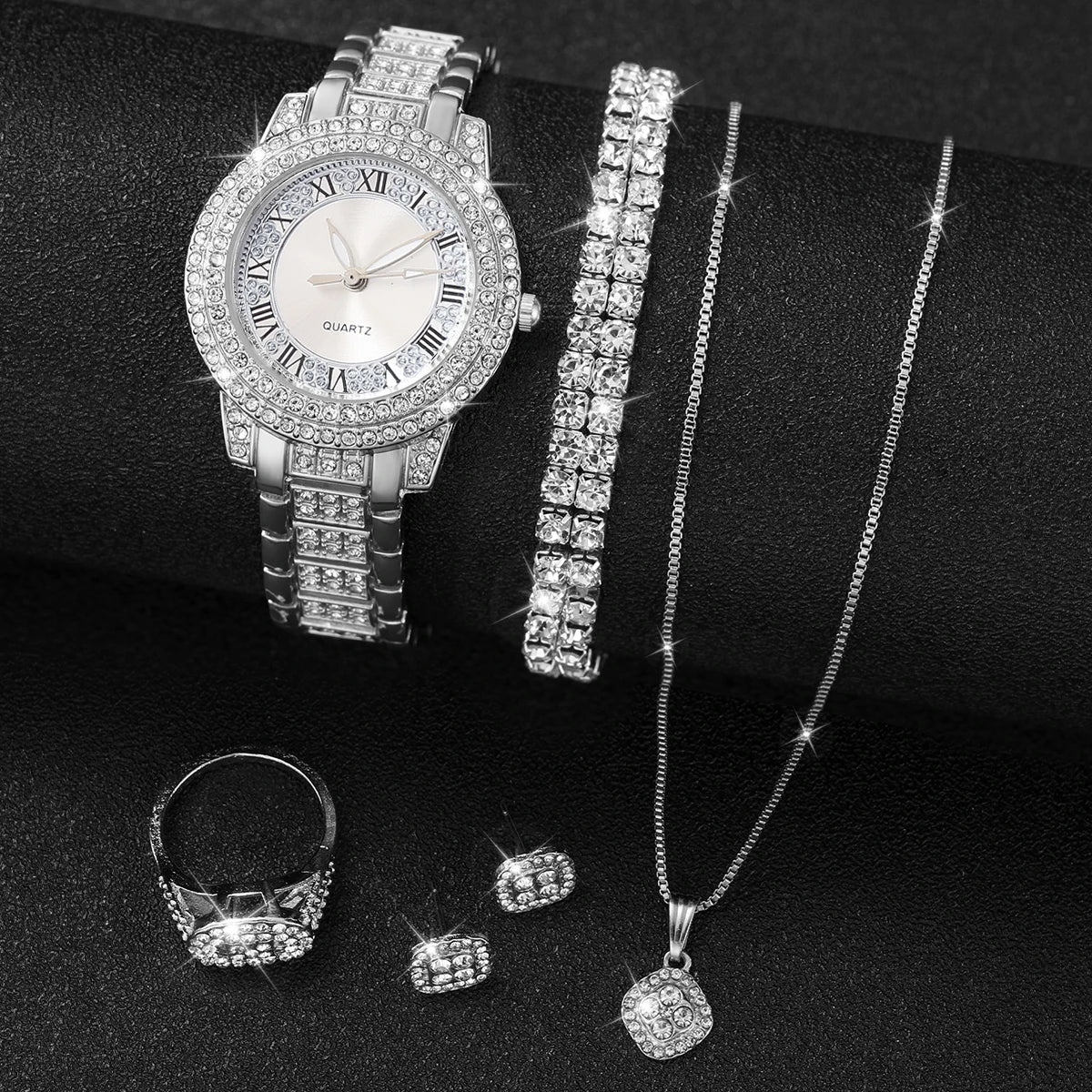 6 delar/set damklocka moderiktig strass romsk urtavla kvartsklocka stålarmband armbandsur diamantsmyckenset (utan ask)