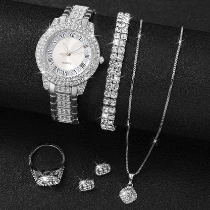 6 delar/set damklocka moderiktig strass romsk urtavla kvartsklocka stålarmband armbandsur diamantsmyckenset (utan ask)