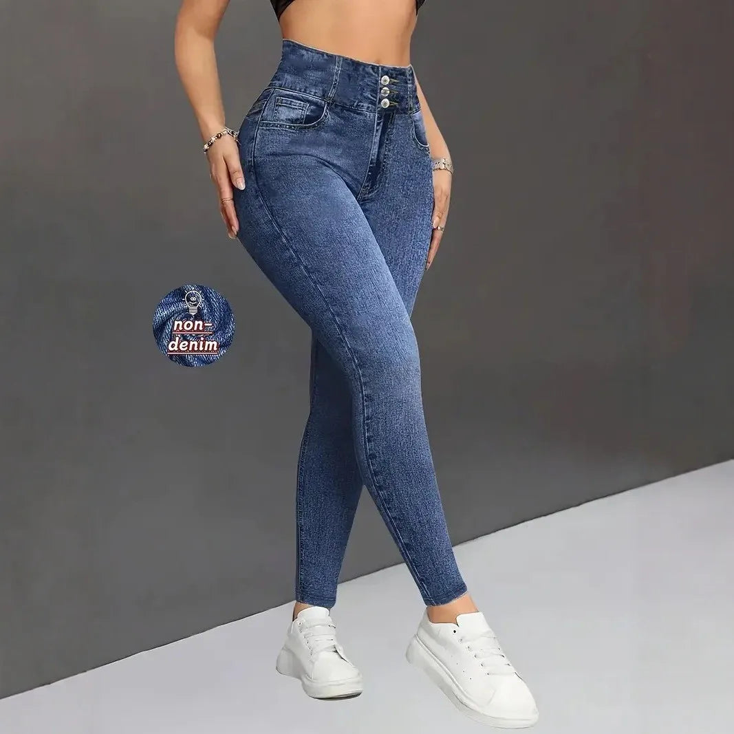 Denimtryck Yoga Långbyxor Magkontroll Rumplyftande Andningsbar Bekväm Modern För Sport Och Vardagskläder