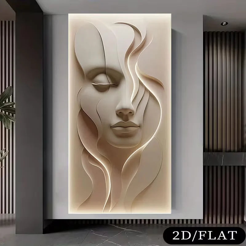 2D platt, 1 st stor ramlös modern abstrakt ansiktsmålning på canvas - texturerad 3D-illusion i mjuk rosa ton, lämplig för sovrum och