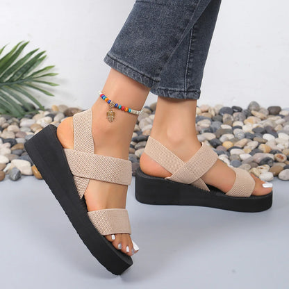 Damslingback-sandaler med kilklack, utomhus, sommar, lätta tofflor, enfärgade, tjocka nedre tofflor, romerska sandaler för kvinnor