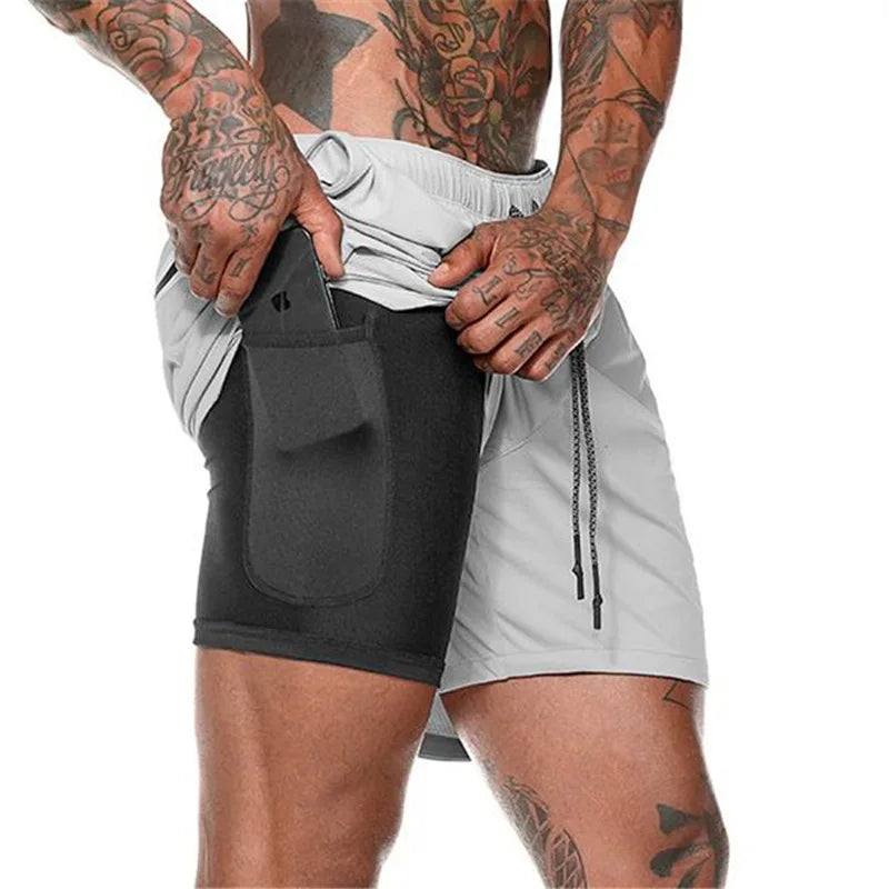 Herr Sommar 2-i-1 Dubbelskiktade Shorts Gym Fitness Träning Långsam Löpning Andningsbara Elastiska Kompressionsshorts Herr Dubbelskiktade Shorts