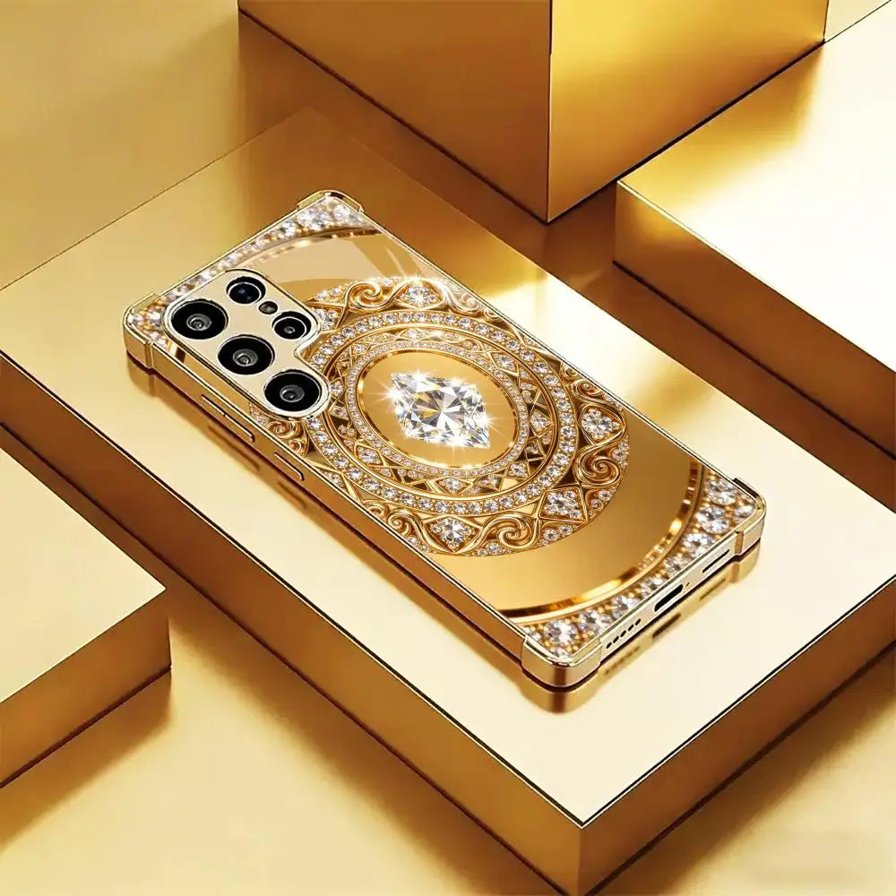 Elegant guldspegelfodral med diamantmönster för Samsung Galaxy S26, S25, S24, S23, S22 FE, Ultra och Plus