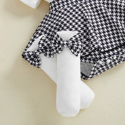 Spädbarn Nyfödd Baby Flicka Våroutfit Hundtandsmönster Kortärmad Ribbad Sparkdräkt Klänning Rosett Pannband och Strumpor 3 Delat Set