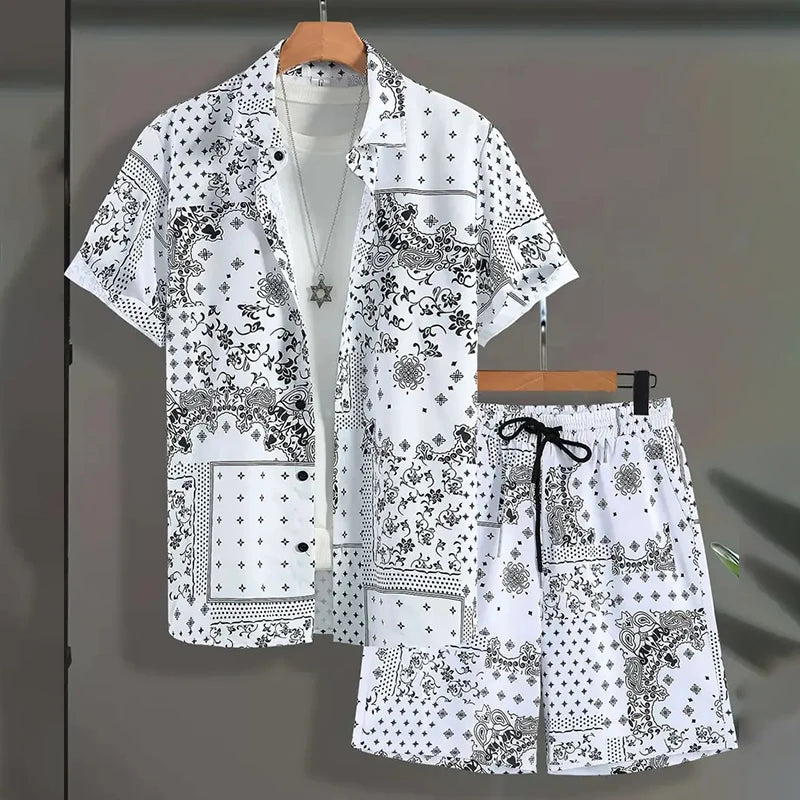 2024 Ny herrsommarkostym Retro texturerad tryckt kantskjorta Kortärmade shorts Tvådelad herr andningsbar pooldräkt